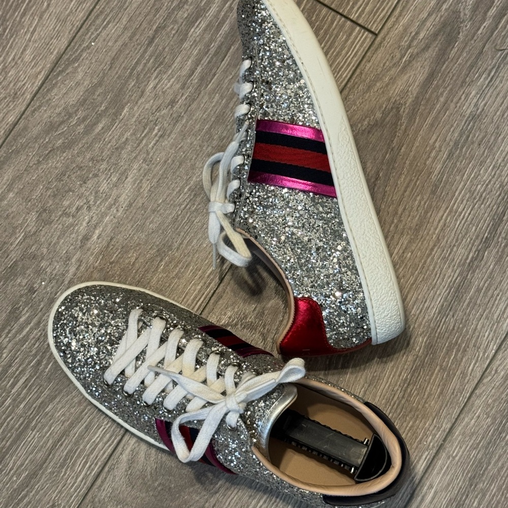 Gucci Silver Glitter Sneakers with Pink and Black Web - Picture 11 of 11